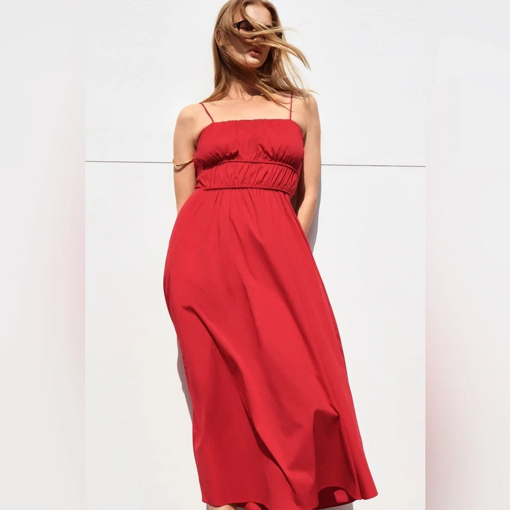 COS Gathered-Waist Midi Dress Red Bright Sleeveless Size 12 NWOT - Picture 14 of 14